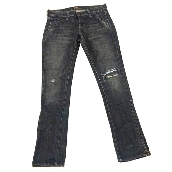 7 for All Mankind Low Rise slim straight distressed black jeans with zippers 26 - Picture 1 of 12